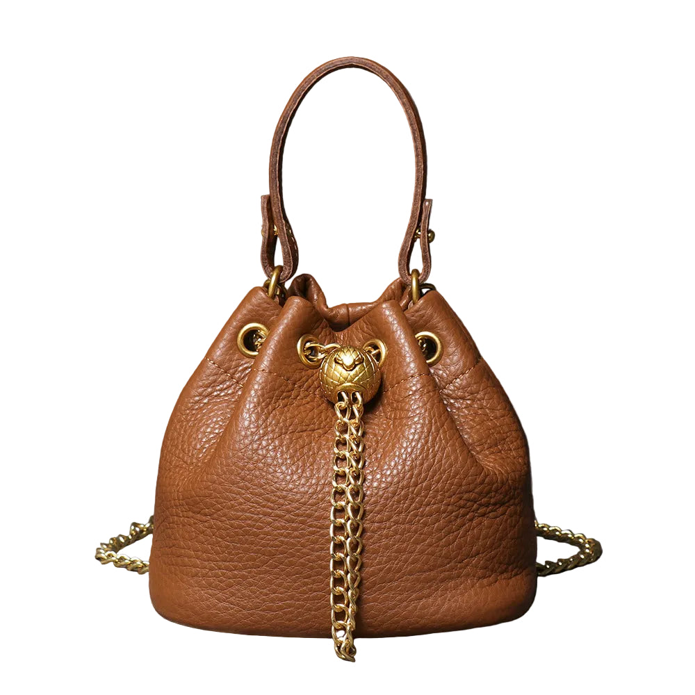 Handcrafted Top Grain Cowhide Leather Mini Bucket Bag | Women's Drawstring Chain Crossbody Purse