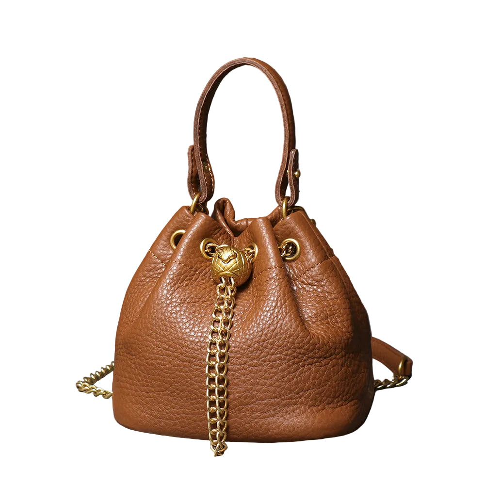 Handcrafted Top Grain Cowhide Leather Mini Bucket Bag | Women's Drawstring Chain Crossbody Purse