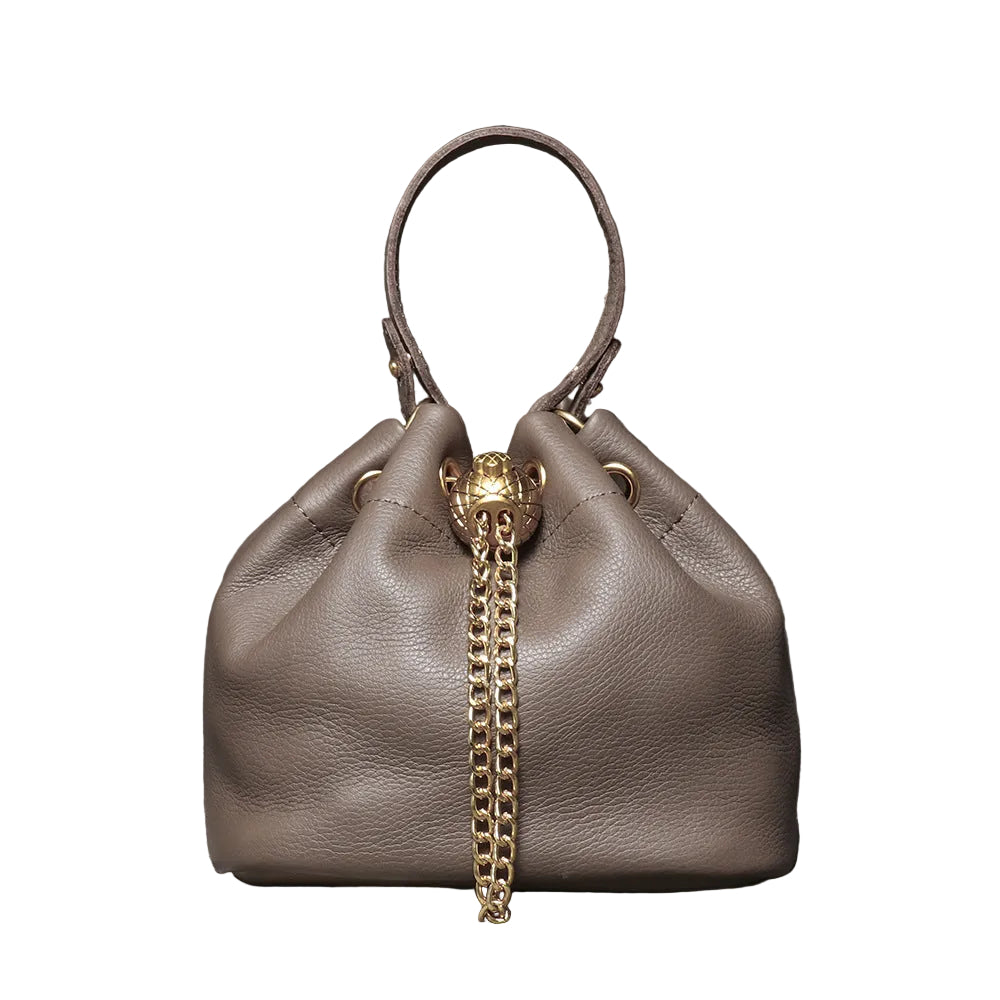 Handcrafted Top Grain Cowhide Leather Mini Bucket Bag | Women's Drawstring Chain Crossbody Purse