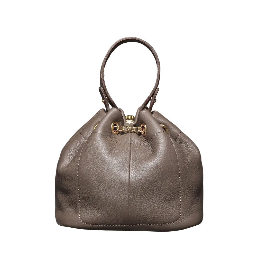 Handcrafted Top Grain Cowhide Leather Mini Bucket Bag | Women's Drawstring Chain Crossbody Purse