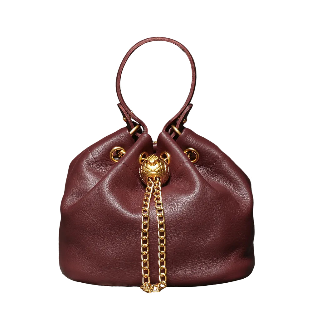 Handcrafted Top Grain Cowhide Leather Mini Bucket Bag | Women's Drawstring Chain Crossbody Purse