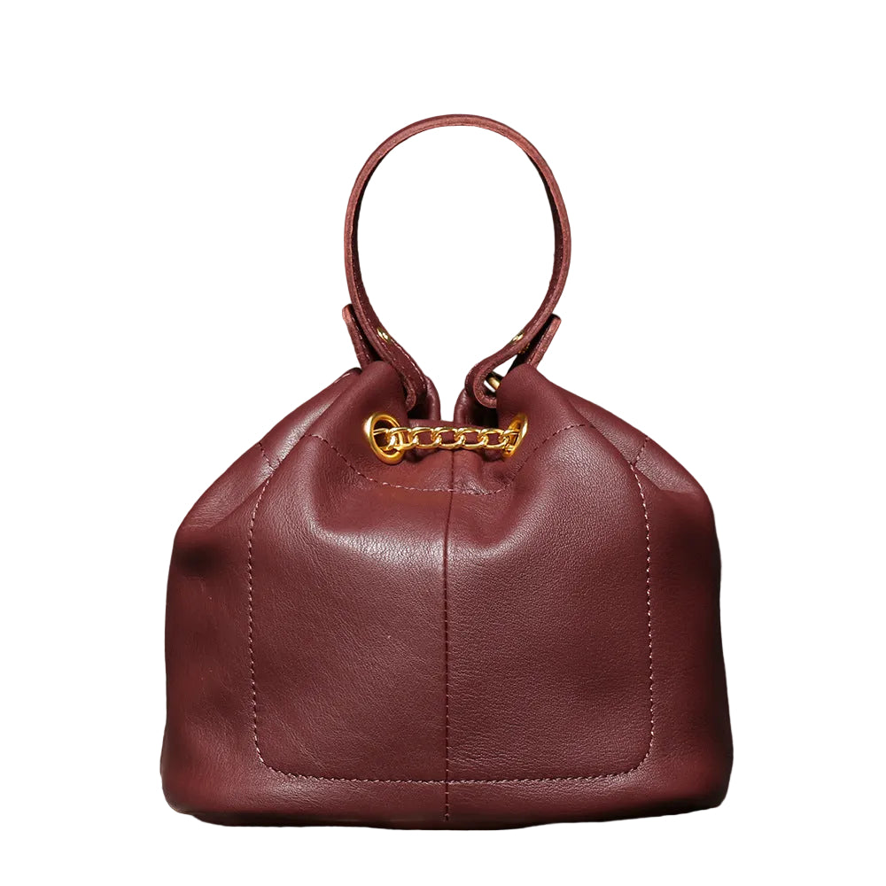 Handcrafted Top Grain Cowhide Leather Mini Bucket Bag | Women's Drawstring Chain Crossbody Purse