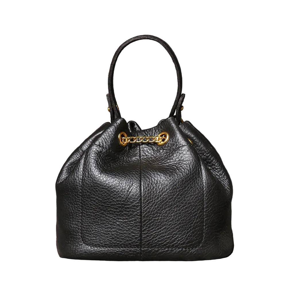 Handcrafted Top Grain Cowhide Leather Mini Bucket Bag | Women's Drawstring Chain Crossbody Purse