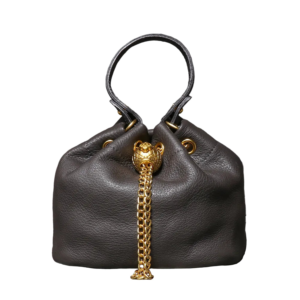 Handcrafted Top Grain Cowhide Leather Mini Bucket Bag | Women's Drawstring Chain Crossbody Purse