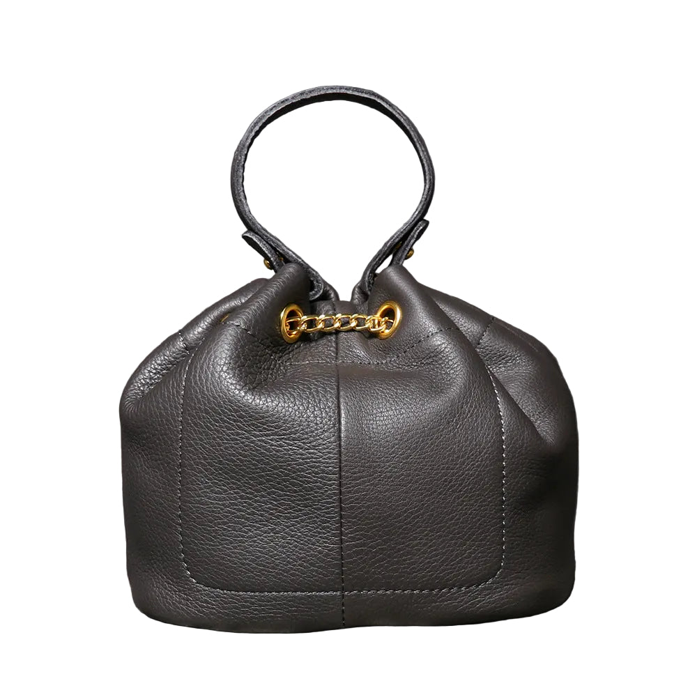 Handcrafted Top Grain Cowhide Leather Mini Bucket Bag | Women's Drawstring Chain Crossbody Purse