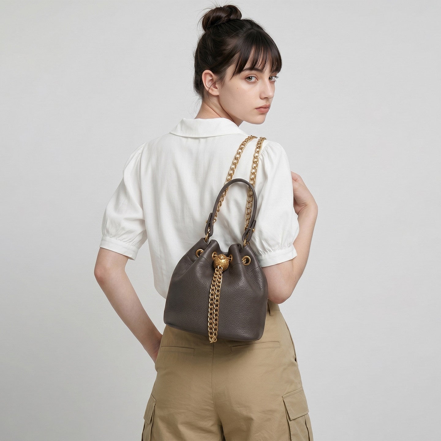 Handcrafted Top Grain Cowhide Leather Mini Bucket Bag | Women's Drawstring Chain Crossbody Purse