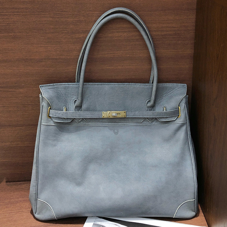 Handcrafted Water-Dyed Cowhide Leather Structured Tote Bag | Women's Vintage Old-Money Style Large Shoulder Bag