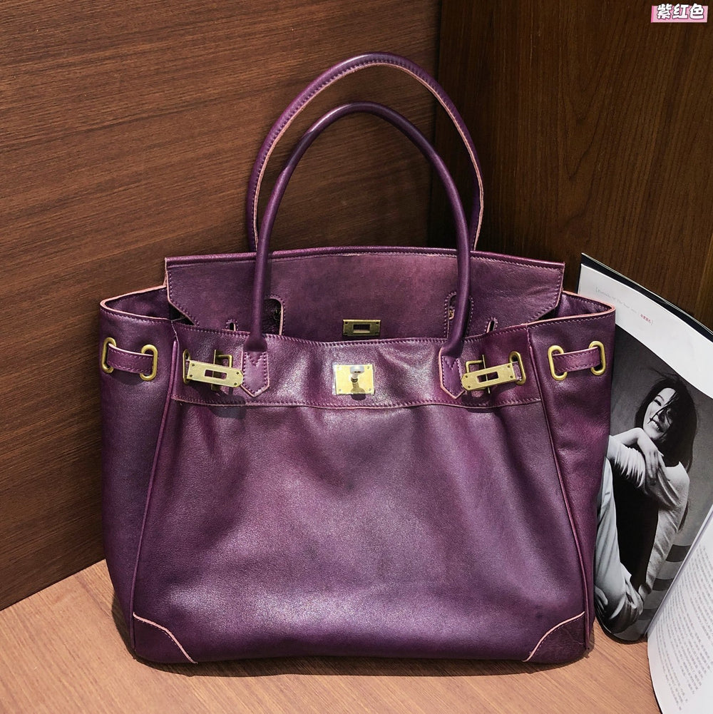 Handcrafted Water-Dyed Cowhide Leather Structured Tote Bag | Women's Vintage Old-Money Style Large Shoulder Bag