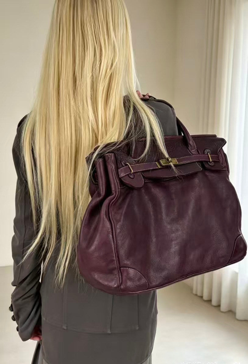 Handcrafted Water-Dyed Cowhide Leather Structured Tote Bag | Women's Vintage Old-Money Style Large Shoulder Bag