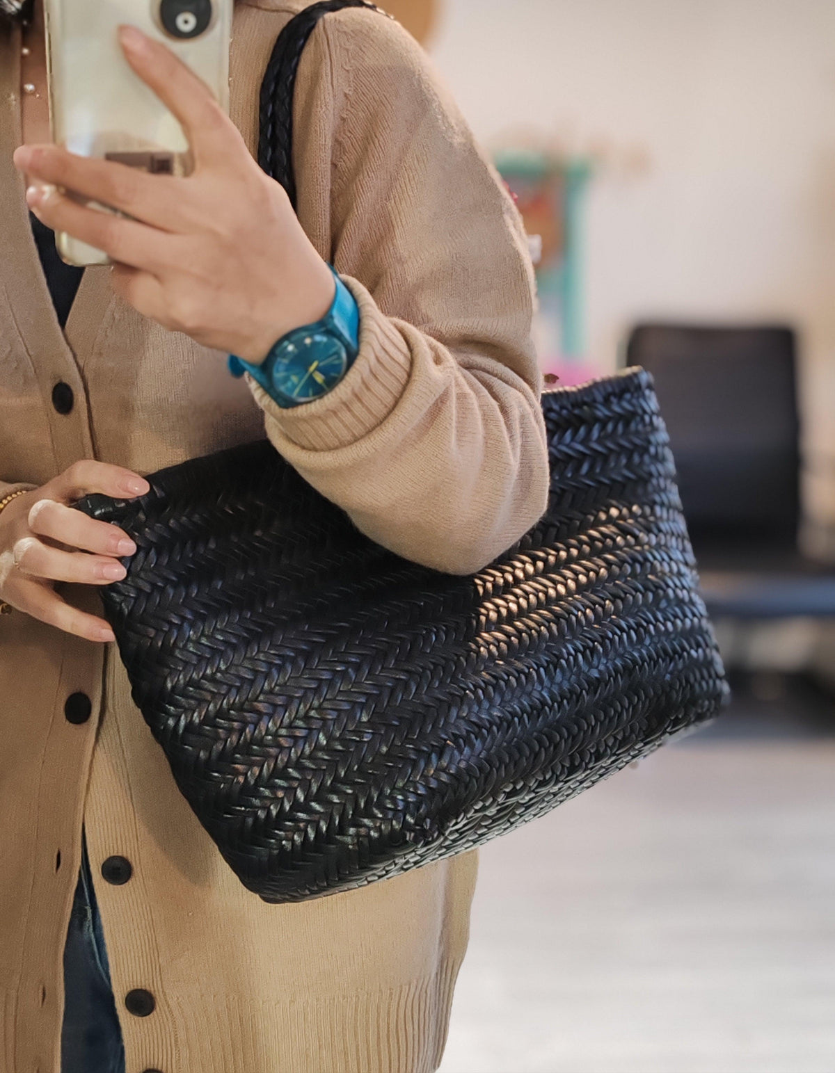 Handcrafted Woven Leather Tote Bag, Full Grain Leather Hand Woven Triple Jump Bamboo Style Ladies HOBO Bag, Summer Holiday Woven Bag