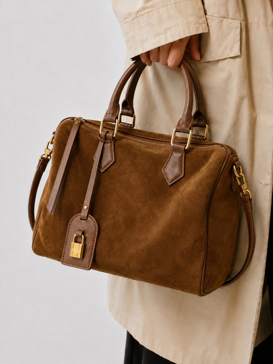 Handcrafted Suede Leather Boston Bag for Women | Padlock Charm Shoulder& Crossbody Bag | Handcrafted Matte Cowhide Top Handle Purse