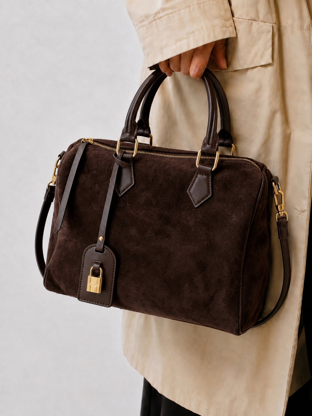 Handcrafted Suede Leather Boston Bag for Women | Padlock Charm Shoulder& Crossbody Bag | Handcrafted Matte Cowhide Top Handle Purse