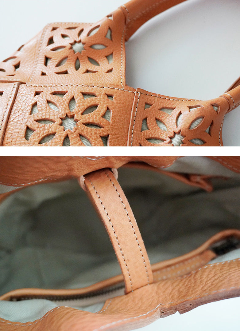 Handmade Leather Crossbody Bucket Bag, Full Grain Cowhide Floral Cut-Out Designer Bucket Bags For Women