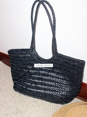 Handmade Woven Leather Tote Bag, Full Grain Leather Hand Woven Triple Jump Bamboo Ladies HoBo Bag, Curve Opening Summer Holiday Basket Bag