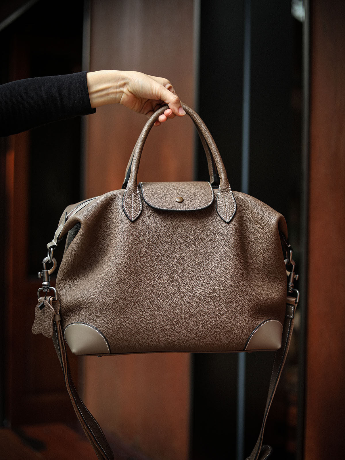 Handmade Black Leather Duffle Bag, Men’s Travel Weekender, Genuine TC Cowhide Business Overnight Bag with Shoulder Strap