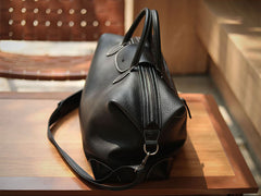 Handmade Black Leather Duffle Bag – Men’s Travel Weekender, Genuine TC Cowhide Business Overnight Bag with Shoulder Strap