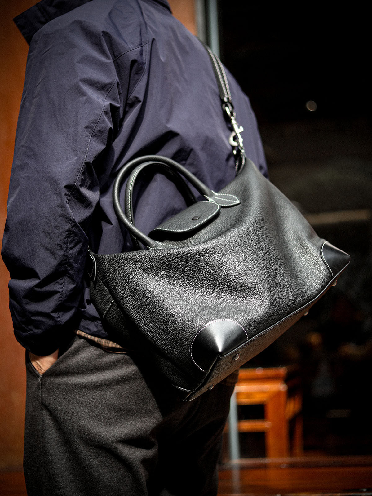 Handmade Black Leather Duffle Bag, Men’s Travel Weekender, Genuine TC Cowhide Business Overnight Bag with Shoulder Strap