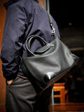 Handmade Black Leather Duffle Bag, Men’s Travel Weekender, Genuine TC Cowhide Business Overnight Bag with Shoulder Strap