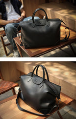 Handmade Black Leather Duffle Bag – Men’s Travel Weekender, Genuine TC Cowhide Business Overnight Bag with Shoulder Strap