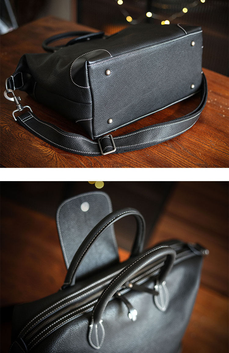 Handmade Black Leather Duffle Bag, Men’s Travel Weekender, Genuine TC Cowhide Business Overnight Bag with Shoulder Strap