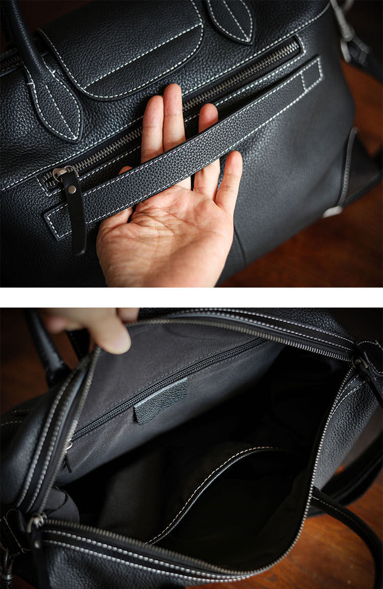 Handmade Black Leather Duffle Bag, Men’s Travel Weekender, Genuine TC Cowhide Business Overnight Bag with Shoulder Strap