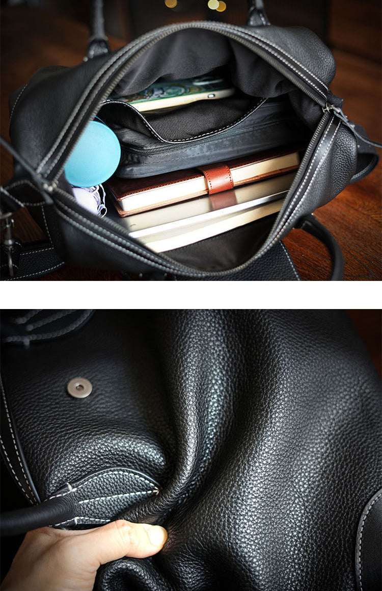 Handmade Black Leather Duffle Bag, Men’s Travel Weekender, Genuine TC Cowhide Business Overnight Bag with Shoulder Strap