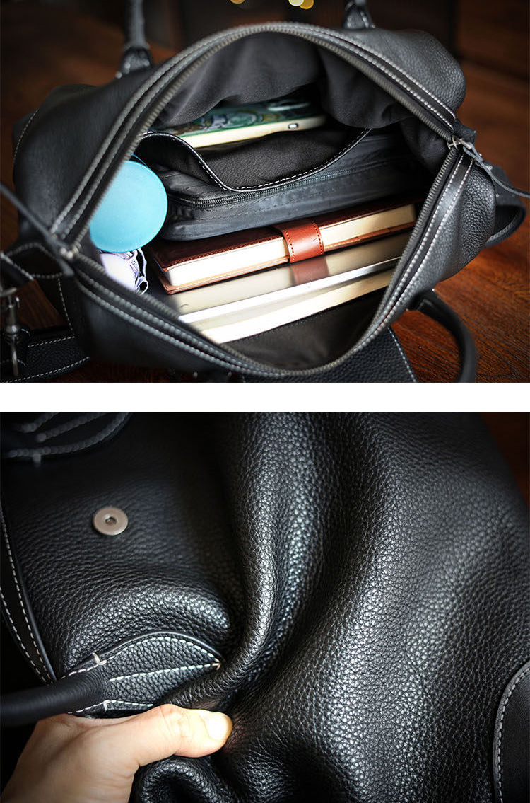 Handmade Black Leather Duffle Bag, Men’s Travel Weekender, Genuine TC Cowhide Business Overnight Bag with Shoulder Strap