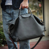 Handmade Black Leather Duffle Bag, Men’s Travel Weekender, Genuine TC Cowhide Business Overnight Bag with Shoulder Strap
