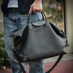 Handmade Black Leather Duffle Bag – Men’s Travel Weekender, Genuine TC Cowhide Business Overnight Bag with Shoulder Strap