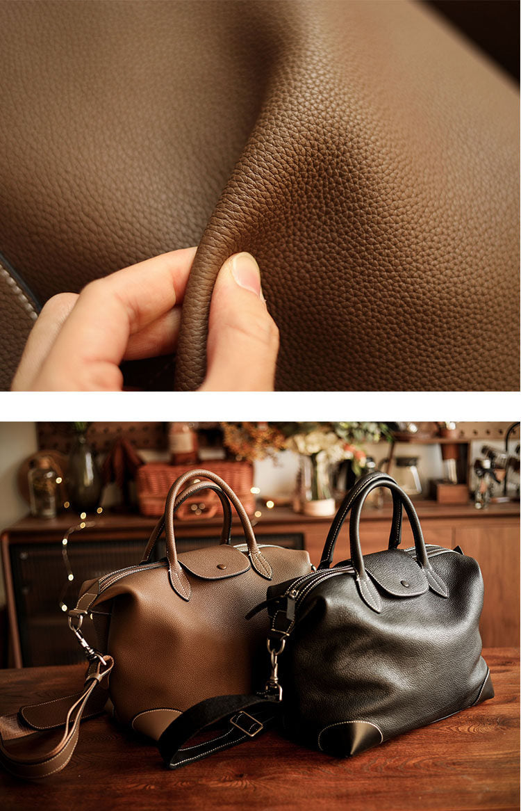 Handmade Black Leather Duffle Bag, Men’s Travel Weekender, Genuine TC Cowhide Business Overnight Bag with Shoulder Strap