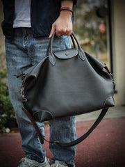 Handmade Black Leather Duffle Bag – Men’s Travel Weekender, Genuine TC Cowhide Business Overnight Bag with Shoulder Strap