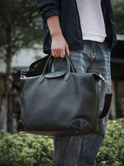 Handmade Black Leather Duffle Bag – Men’s Travel Weekender, Genuine TC Cowhide Business Overnight Bag with Shoulder Strap