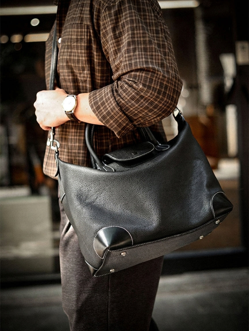 Handmade Black Leather Duffle Bag, Men’s Travel Weekender, Genuine TC Cowhide Business Overnight Bag with Shoulder Strap