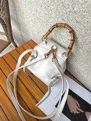 Handmade Cowhide Leather Mini Bamboo Convertible Backpack | Leather Drawstring Shoulder & Handbag for Women
