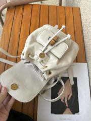 Handmade Cowhide Leather Mini Bamboo Convertible Backpack | Leather Drawstring Shoulder & Handbag for Women