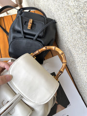 Handmade Cowhide Leather Mini Bamboo Convertible Backpack | Leather Drawstring Shoulder & Handbag for Women