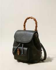 Handmade Cowhide Leather Mini Bamboo Convertible Backpack | Leather Drawstring Shoulder & Handbag for Women