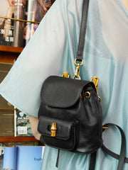 Handmade Cowhide Leather Mini Bamboo Convertible Backpack | Leather Drawstring Shoulder & Handbag for Women