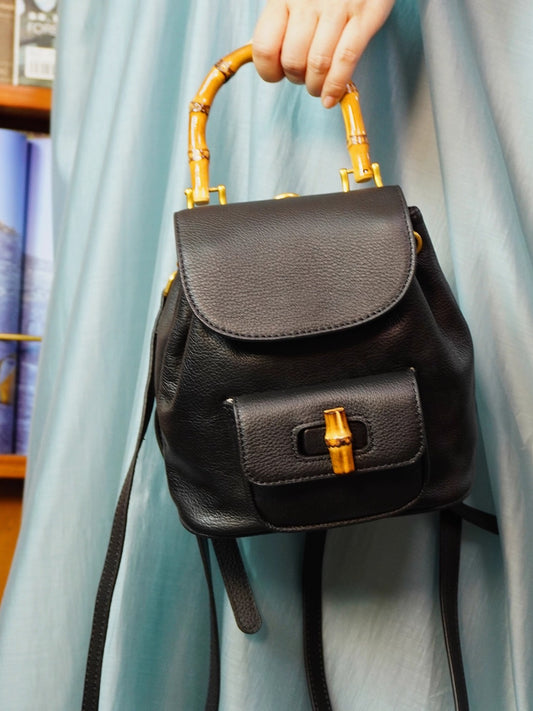 Handmade Cowhide Leather Mini Bamboo Convertible Backpack | Leather Drawstring Shoulder & Handbag for Women