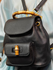 Handmade Cowhide Leather Mini Bamboo Convertible Backpack | Leather Drawstring Shoulder & Handbag for Women