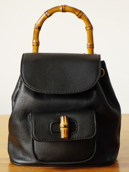 Handmade Cowhide Leather Mini Bamboo Convertible Backpack | Leather Drawstring Shoulder & Handbag for Women