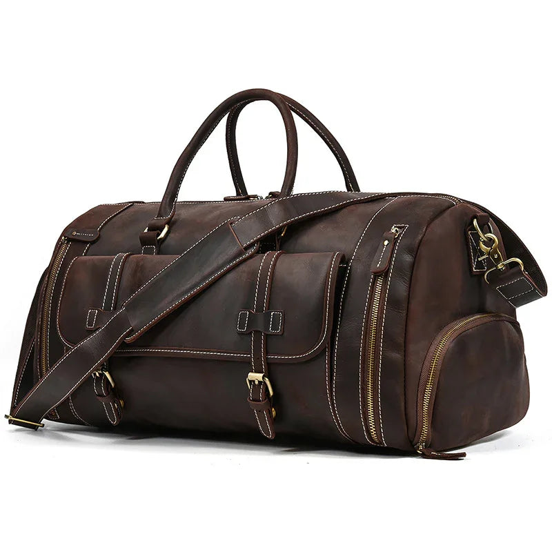 Dark brown full grain leather duffle bag with shoe compartment and adjustable strap