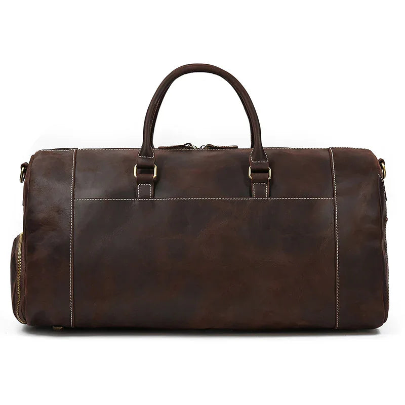 Dark brown full grain leather duffle bag with shoe compartment and sturdy handles