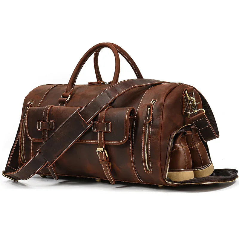 Handmade full grain leather duffle bag in dark brown with shoe compartment and shoulder strap
