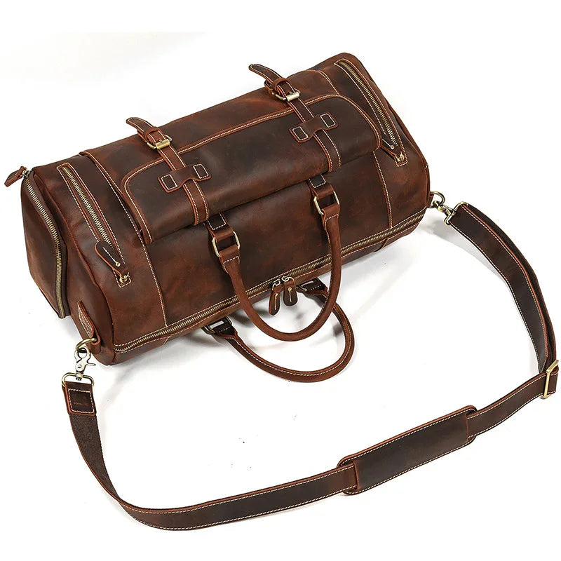 Handmade dark brown full grain leather duffle bag with shoulder strap and shoe compartment
