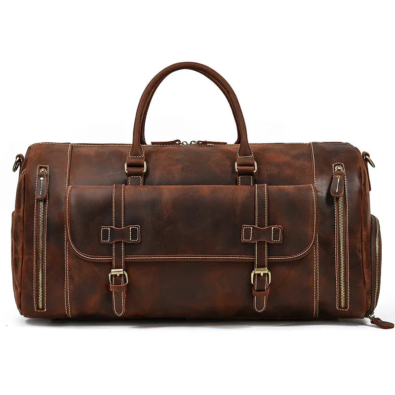 Handmade full grain dark brown leather duffle bag with buckles and shoe compartment