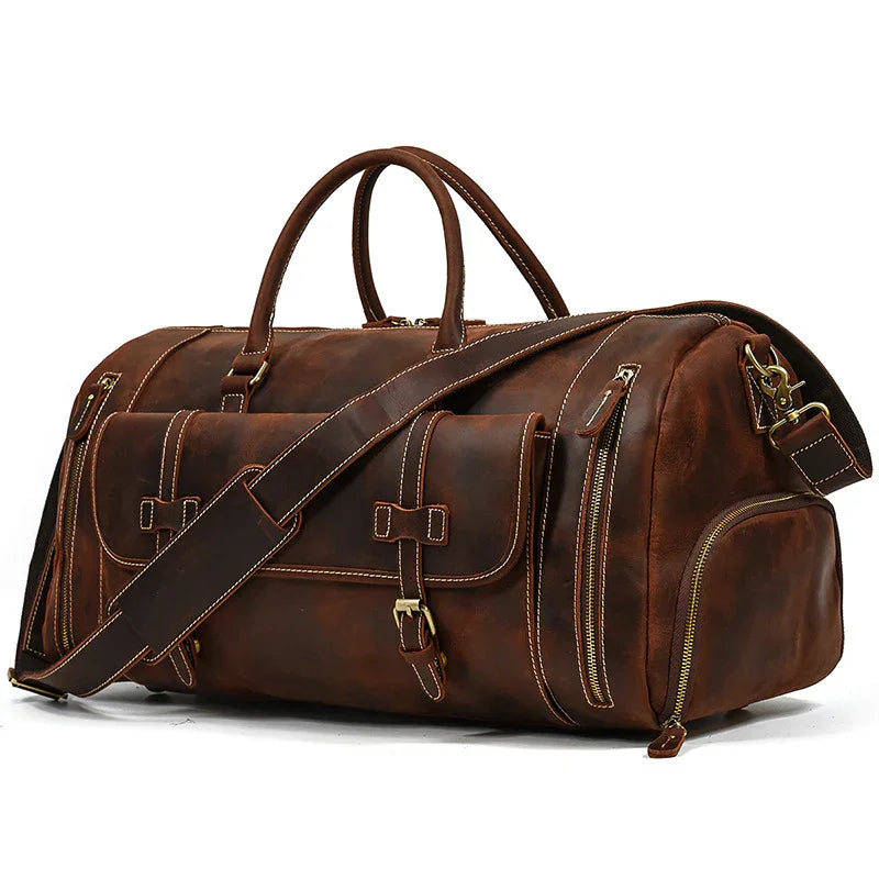 Handmade full grain leather duffle bag with shoe compartment, dark brown, travel bag