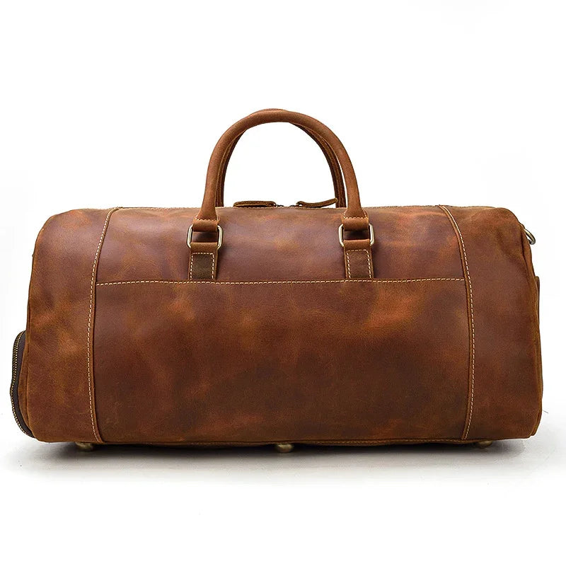 Handmade full grain leather duffle bag with shoe compartment in dark brown