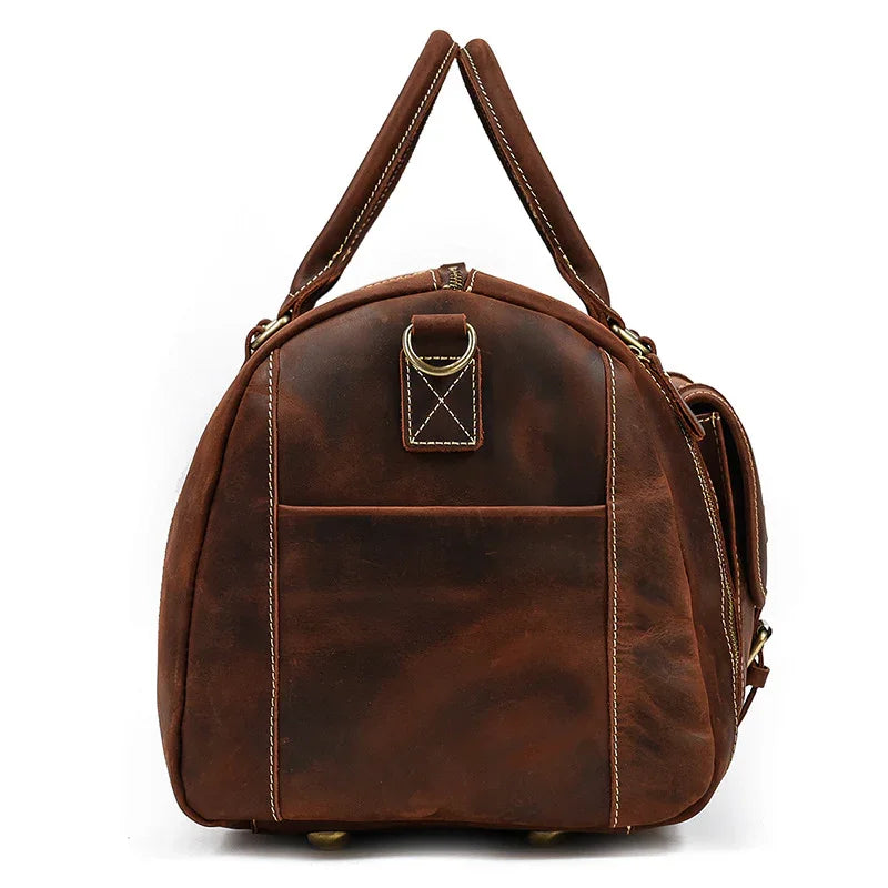 Handmade dark brown full grain leather duffle bag with shoe compartment, travel bag