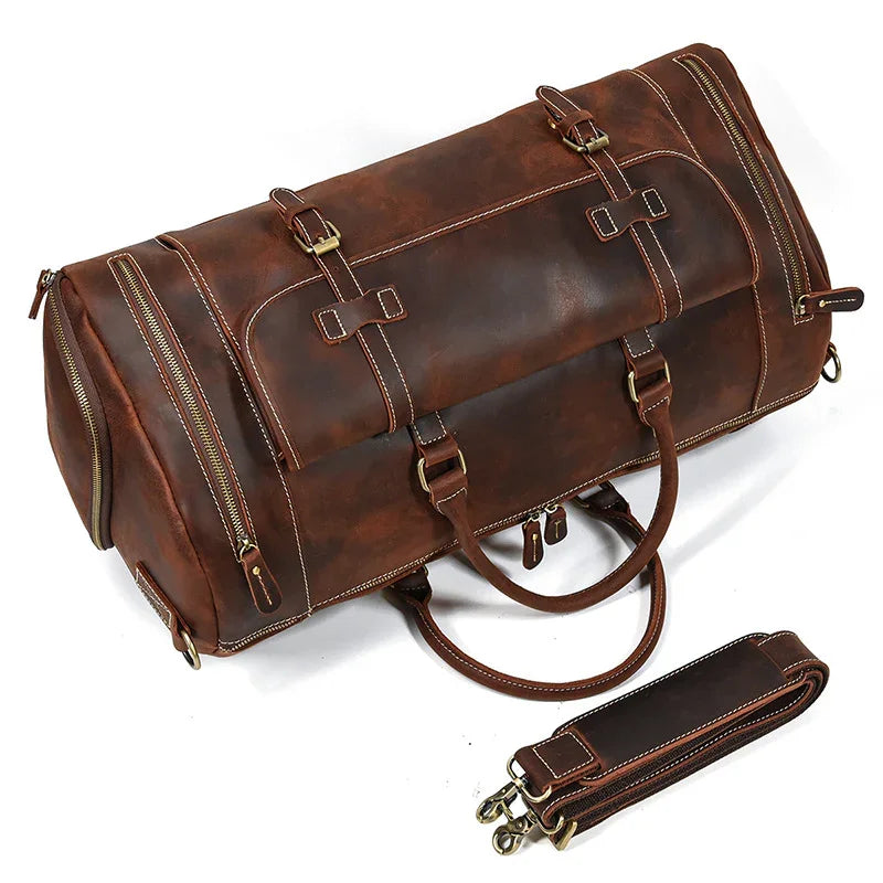 Handmade dark brown full grain leather duffle bag with shoe compartment and detachable strap